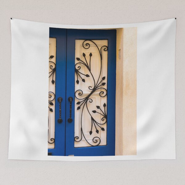 Item preview, Decorative Blue Door With Wrought Iron Scrollwork and Classic Entrance Detail on Mediterranean Facade designed and sold by Nmallia.