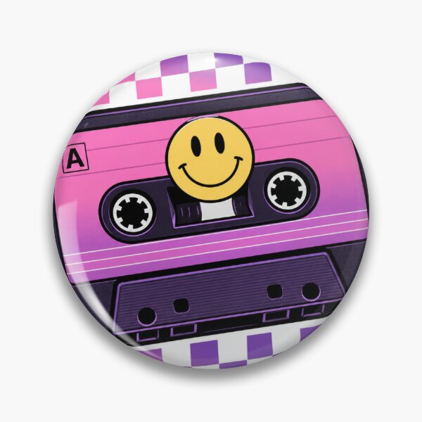 Item preview, A retro cassette tape with a smiley face, surrounded by small stars and a checkerboard pattern, vaporwave pink and purple gradient designed and sold by Winterp09.