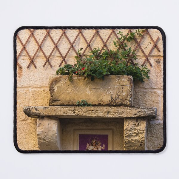 Item preview, Stone Wall Niche With Flower Planter, Wooden Trellis and Framed Madonna Icon in Mediterranean Alley designed and sold by Nmallia.