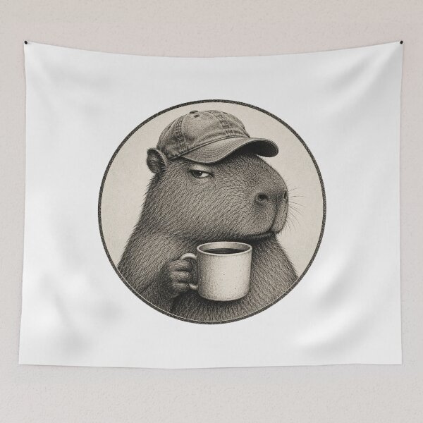 Item preview, Vintage Coffee Capybara Illustration | Chill Capybara with Coffee Mug Engraving Art designed and sold by HOUSE OF TIST.