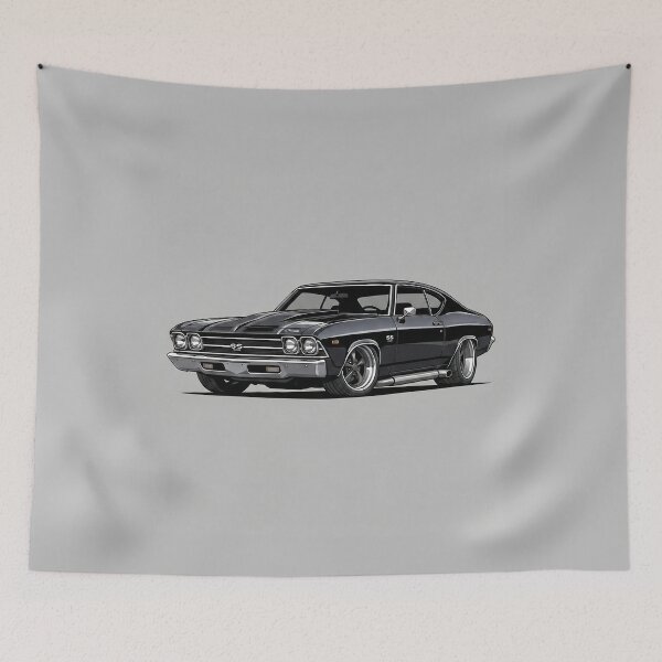 Aperçu de l'œuvre Illustration artistique d'une Chevrolet Chevelle SS noire classique de 1969 créée et vendue par Motorline44.