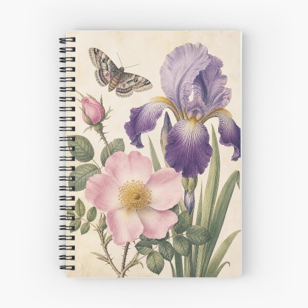 Item preview, Vintage Botanical Purple Iris and Wild Rose Illustration designed and sold by NuvoraNest.