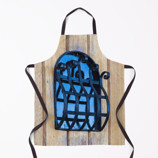 Item preview, Decorative Wrought Iron Window Grille on Wooden Door With Blue Glass Reflection designed and sold by Nmallia.