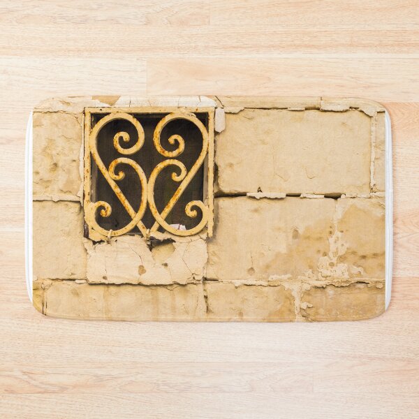 Item preview, Rusty Ornamental Iron Window Grill in Peeling Beige Plaster Wall, Vintage Weathered Architectural Detail designed and sold by Nmallia.