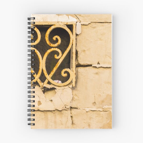 Item preview, Rusty Ornamental Iron Window Grill in Peeling Beige Plaster Wall, Vintage Weathered Architectural Detail designed and sold by Nmallia.