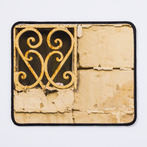 Item preview, Rusty Ornamental Iron Window Grill in Peeling Beige Plaster Wall, Vintage Weathered Architectural Detail designed and sold by Nmallia.
