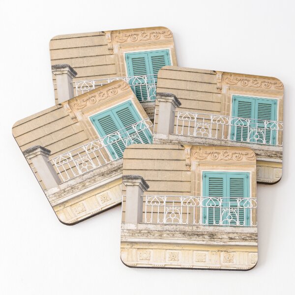Item preview, Turquoise Shutters On Ornate Mediterranean Balcony With Decorative White Wrought Iron Railing designed and sold by Nmallia.