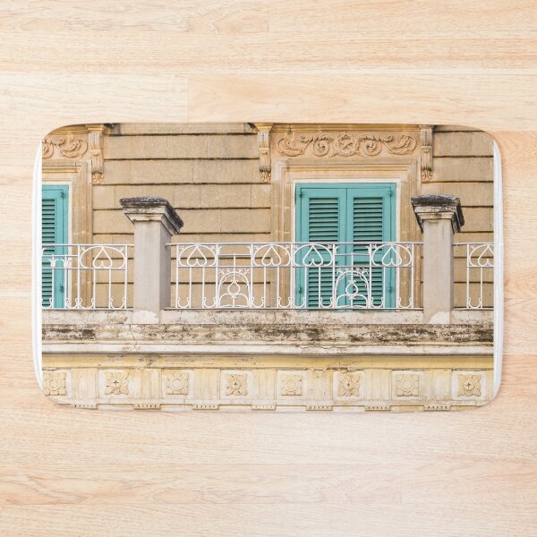 Item preview, Turquoise Shutters On Ornate Mediterranean Balcony With Decorative White Wrought Iron Railing designed and sold by Nmallia.