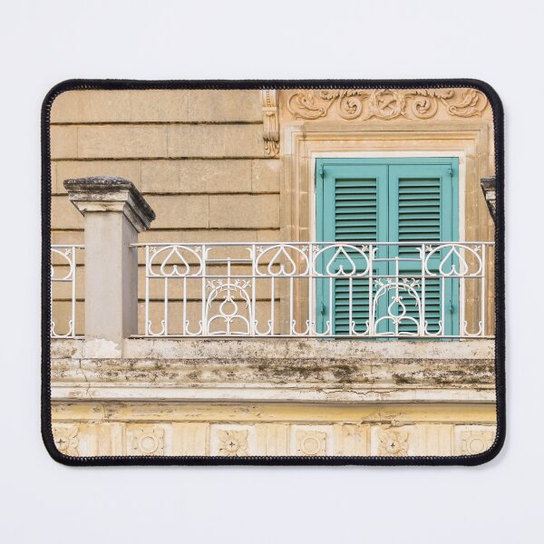 Item preview, Turquoise Shutters On Ornate Mediterranean Balcony With Decorative White Wrought Iron Railing designed and sold by Nmallia.