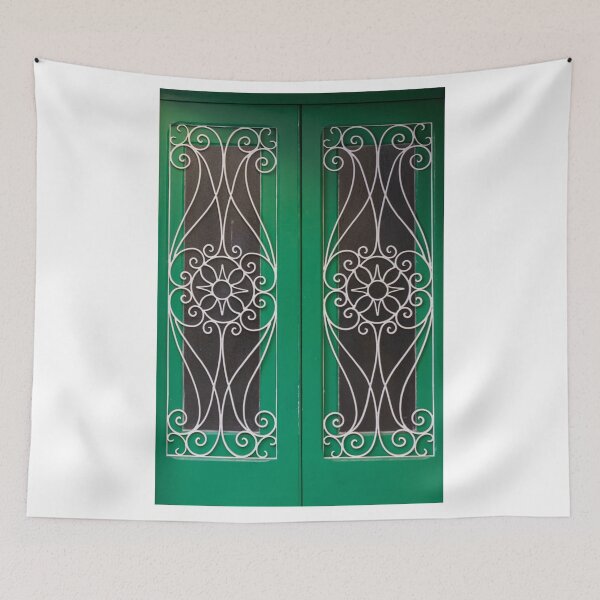 Item preview, Ornate Green Double Door With Decorative White Wrought Iron Panels And Floral Scrollwork designed and sold by Nmallia.