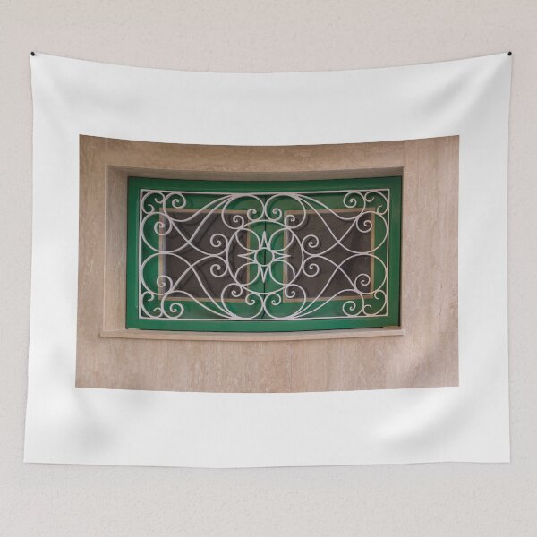 Item preview, Decorative Green Window With Ornamental White Metal Grille Set in Beige Stone Wall designed and sold by Nmallia.