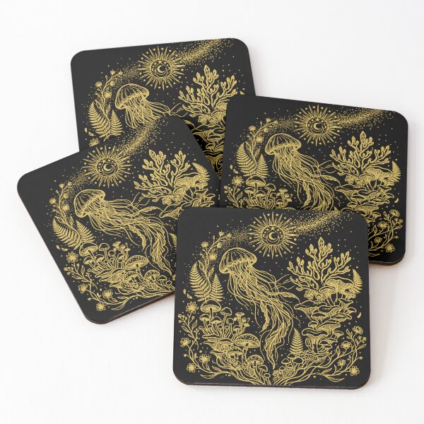 Item preview, Celestial Jellyfish Mystic Mushrooms Gold Line Art designed and sold by MalisoStickers.