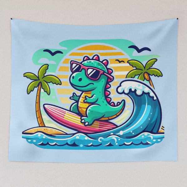 Item preview, Cute Dinosaur Surfing at Sunset designed and sold by NerdiPop.