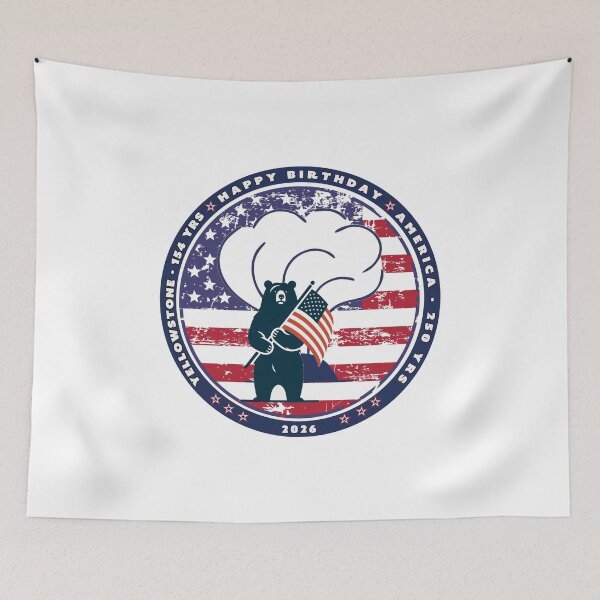 Item preview, Bear waiving flag in front of Old Faithful to celebrate America turning 250 and Yellowstone turning 154 designed and sold by SmyrnaBuffalo.