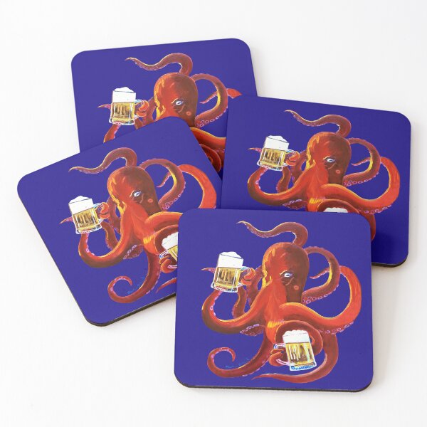 Artikelvorschau, Kraken-Malerei, rote Krake, die Bier, Tiere und Bier, Kraken-Kunst, Esszimmer-Malerei, lustiges Bier-Plakat, Mann-Höhlen-Bar-Bier-Dekor trinkt entworfen und verkauft von Scott Clendaniel.