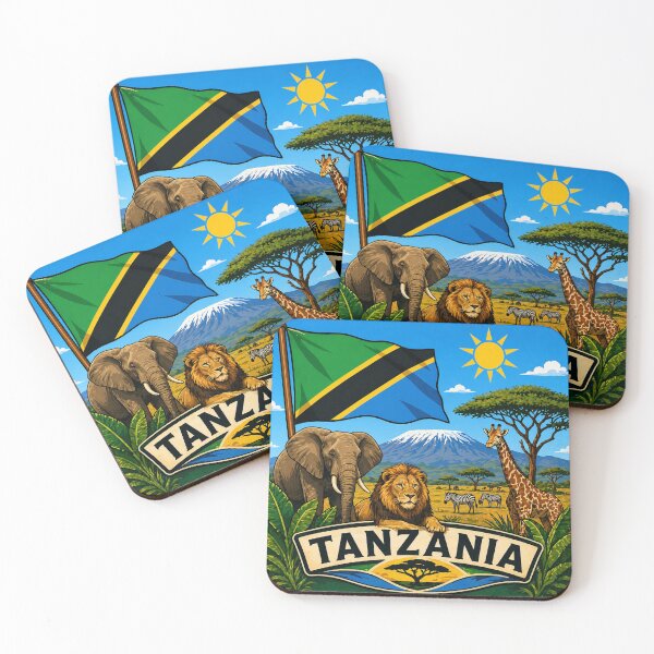 Item preview, Tanzania Flag with Safari Wildlife and Kilimanjaro designed and sold by Myra365Art.
