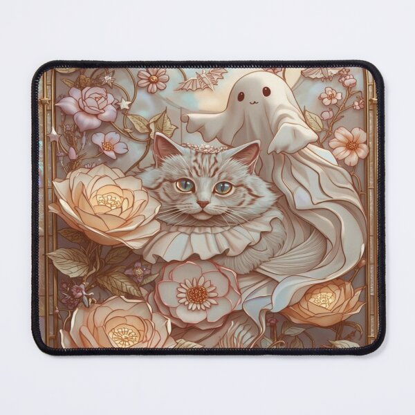 Item preview, Kawaii Cat Ghost Golden Floral Stained Glass designed and sold by BriSher.