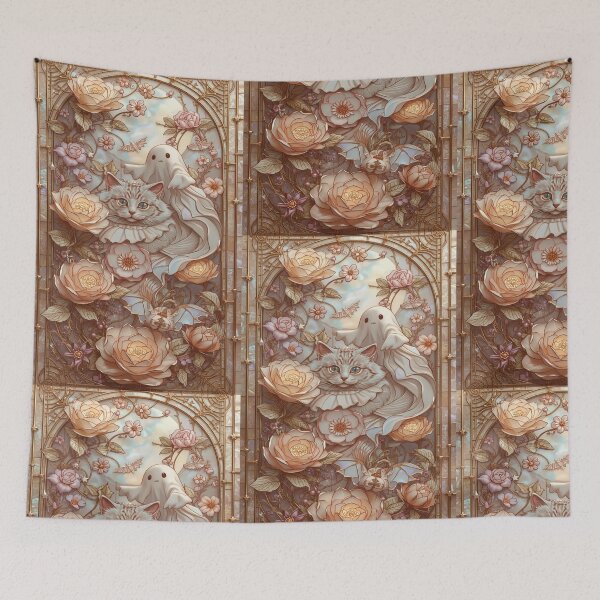 Item preview, Kawaii Cat Ghost Golden Floral Stained Glass designed and sold by BriSher.