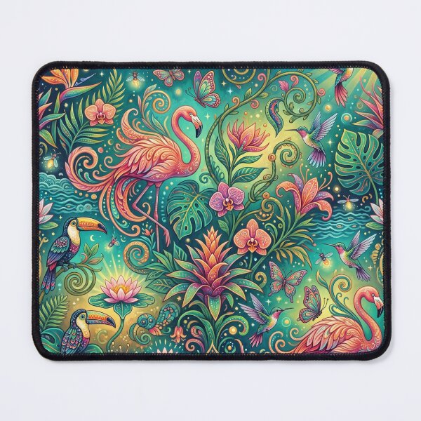Item preview, Vibrant Tropical Jungle Art - Colorful Flamingos, Toucans & Exotic Flowers Fantasy Illustration designed and sold by ART BOND.