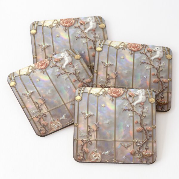Item preview, Kawaii Cat Ghost Golden Floral Stained Glass designed and sold by BriSher.