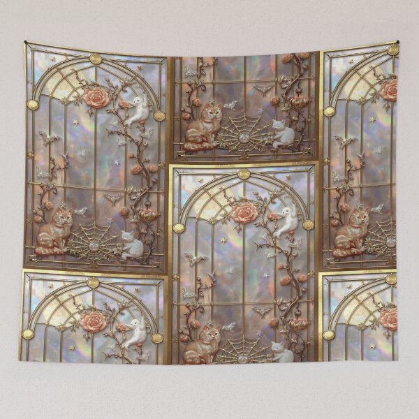 Item preview, Kawaii Cat Ghost Golden Floral Stained Glass designed and sold by BriSher.