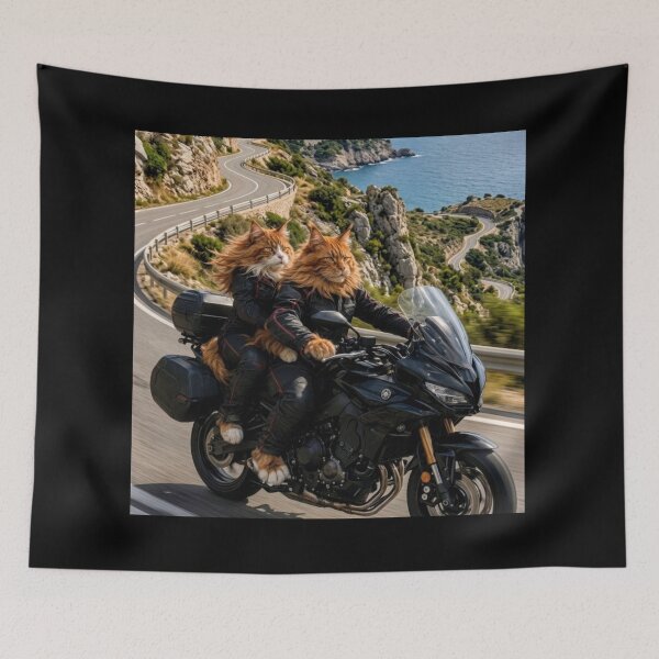 Item preview, Gatos Maine Coon montando en motocicleta designed and sold by RakyLaky.