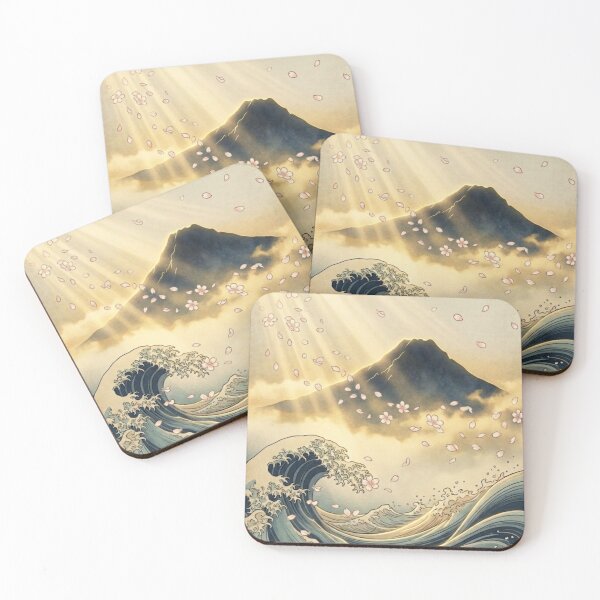 Item preview, Mount Fuji and Waves Japanese Art Print | Golden Mist Ukiyo-e Wall Art designed and sold by YugenWaveShadow.