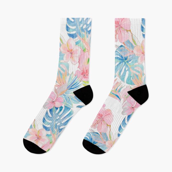 Item preview, Hawaiian Watercolor Floral n Foliage Pale Pink Blue designed and sold by PixDezines.