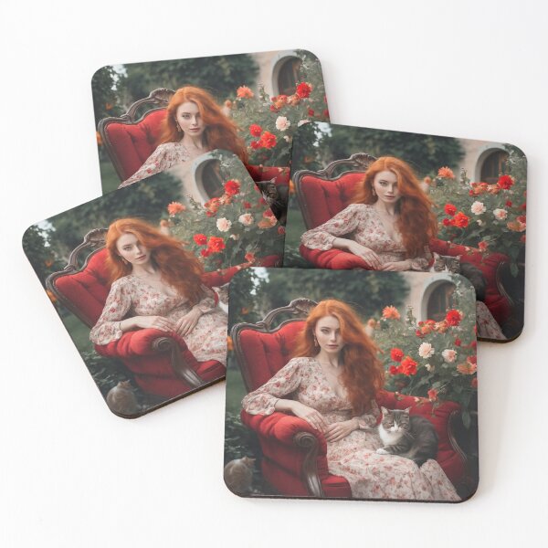 Item preview, Redhead Woman in Red Armchair with Cats in Secret Garden designed and sold by UmSkelig834.