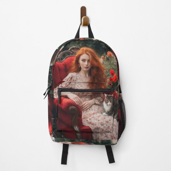 Item preview, Redhead Woman in Red Armchair with Cats in Secret Garden designed and sold by UmSkelig834.