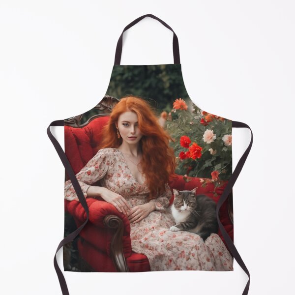 Item preview, Redhead Woman in Red Armchair with Cats in Secret Garden designed and sold by UmSkelig834.