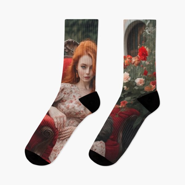 Item preview, Redhead Woman in Red Armchair with Cats in Secret Garden designed and sold by UmSkelig834.