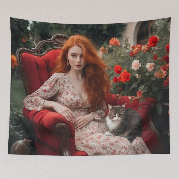 Item preview, Redhead Woman in Red Armchair with Cats in Secret Garden designed and sold by UmSkelig834.