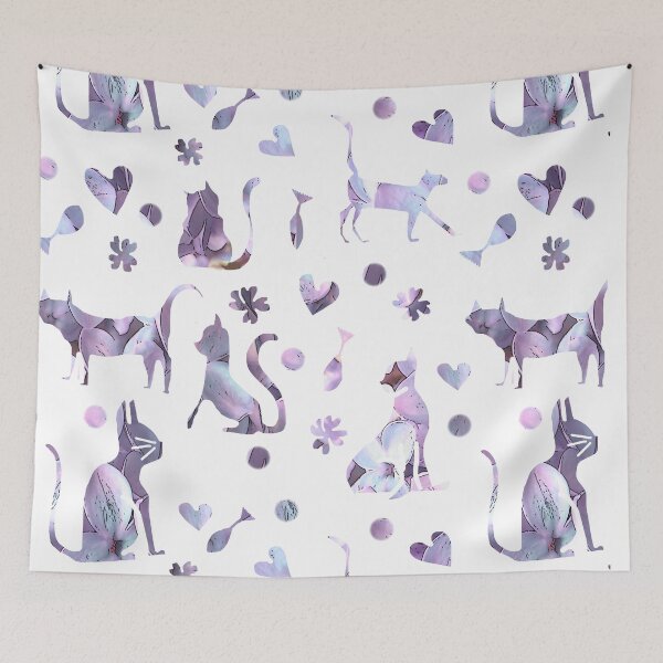 Item preview, Purple Cats, fish, hearts Pattern  designed and sold by Brightside-art.