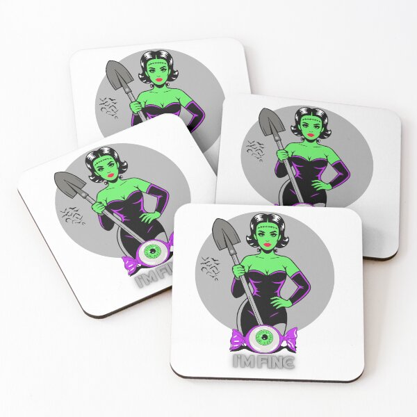 Item preview, Frankenstein woman with shovel and “I’m fine” text vector illustration designed and sold by creepyprints.