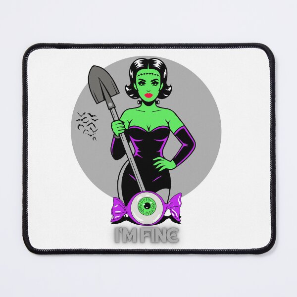 Item preview, Frankenstein woman with shovel and “I’m fine” text vector illustration designed and sold by creepyprints.