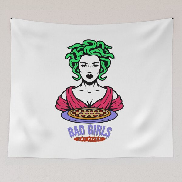 Item preview, Medusa with pizza and the inscription “Bad Girls Eat Pizza” designed and sold by creepyprints.