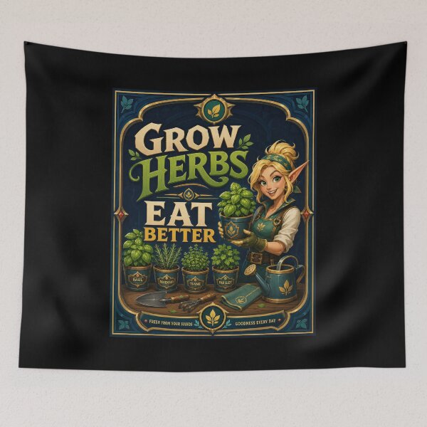 Item preview, Grow Herbs Eat Better Fantasy Garden Poster  designed and sold by Sketchlegacy.