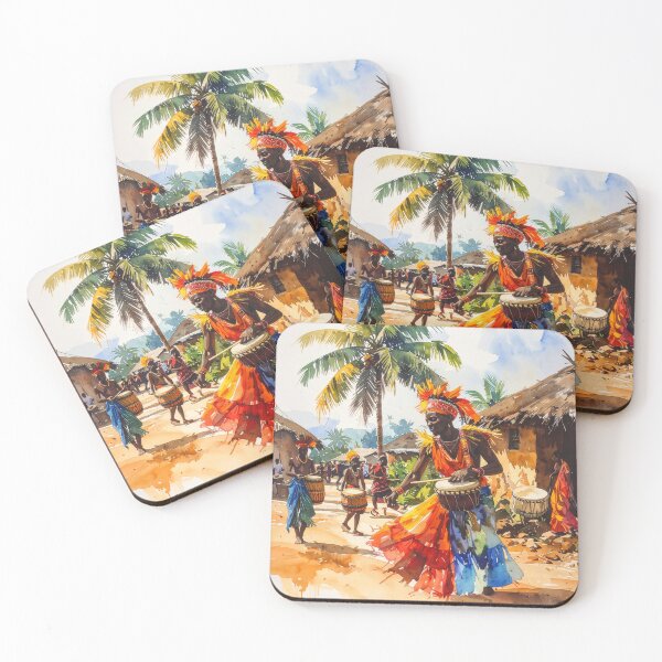 Item preview, African Tribal Drummers – Afrocentric Watercolor Village Art Print designed and sold by UnclePeero.
