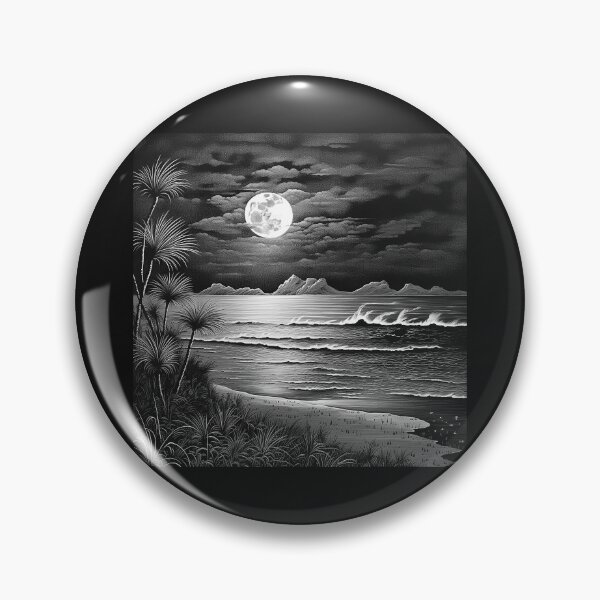 Item preview, Black and White Moonlit Ocean Beach Landscape designed and sold by inkoutninja.