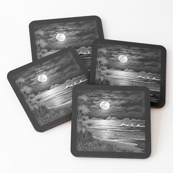 Item preview, Black and White Moonlit Ocean Beach Landscape designed and sold by inkoutninja.