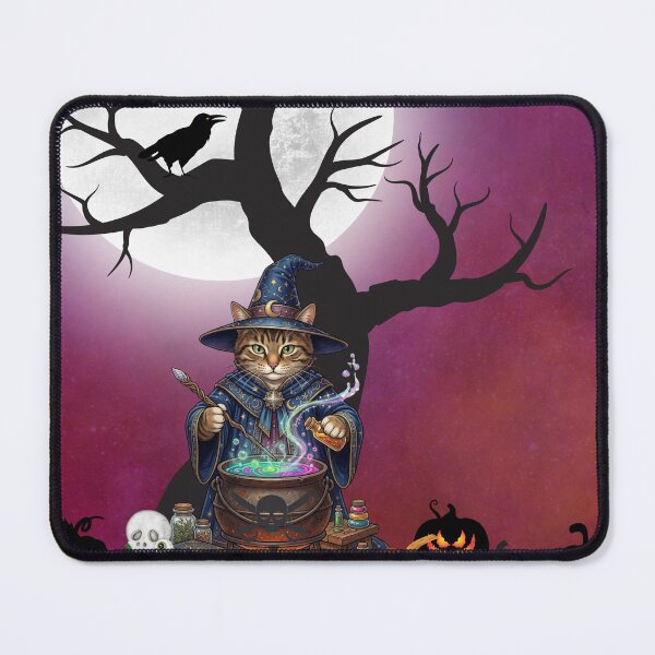Item preview, Magical Wizard Cat Brewing Halloween Potion Under Full Moon and Jack-o'-Lanterns designed and sold by VibranPalette.