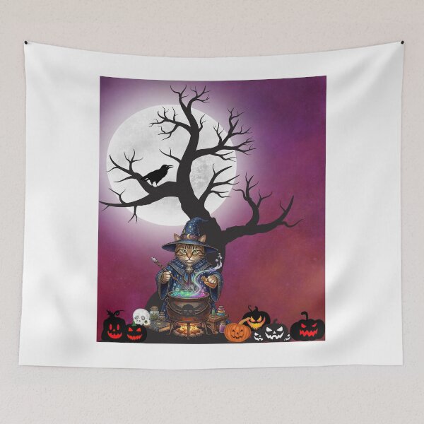 Item preview, Magical Wizard Cat Brewing Halloween Potion Under Full Moon and Jack-o'-Lanterns designed and sold by VibranPalette.