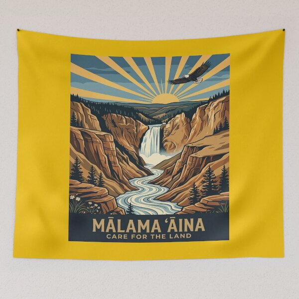 Item preview, Malama Aina Care for the Land — Yellowstone Canyon Waterfall Bald Eagle Conservation Art Print designed and sold by MālamaThreads.