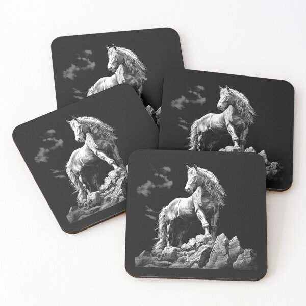 Item preview, Black and White Majestic Horse on Mountain Rocks Art designed and sold by inkoutninja.