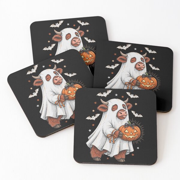 Item preview, Funny Ghost Cow Holding Pumpkin Moo I Mean Boo Halloween Highland Cow designed and sold by CF_VintageDesign.