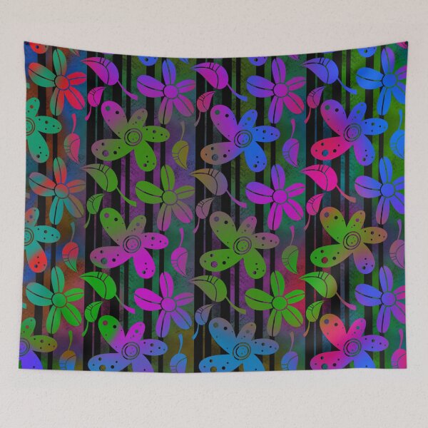 Item preview, Neon floral retro hand drawn pattern on striped background  designed and sold by SweetLilith.