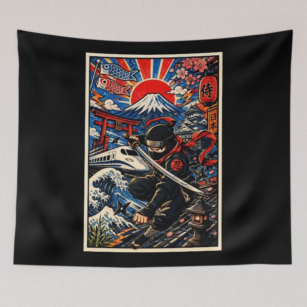 Item preview, Japanese Ninja Adventure Amid Mount Fuji and Traditional Cityscape designed and sold by eliramaison.