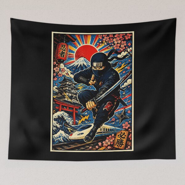 Item preview, Retro Japanese Ninja Warrior Amid Sakura Blossoms and Rising Sun designed and sold by eliramaison.