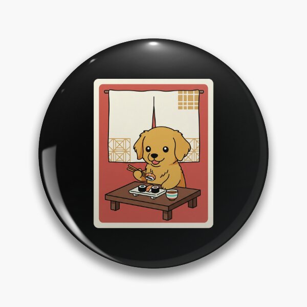 Item preview, Cute Golden Puppy Enjoying Sushi in a Cozy Retro Room designed and sold by JordynLadukeg65.